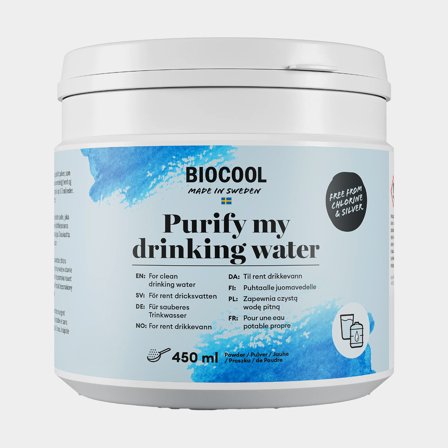 Water purification powder BioCool Purify My Drinking Water, 450 ml powder + measuring scoop, for 3000 liters of water