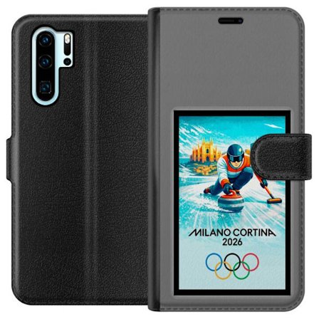 Kompatibel Tegnebogsetui til Huawei P30 Pro Ishockeyillustration med spillere i bevægelse på isen, Milano Cortina 2026, Milano-landemærker og olympisk