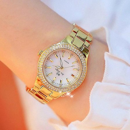 BS bee sister FA1258 Dameklokke med rundt urkasse, diamant og legeringsrem (Gull)