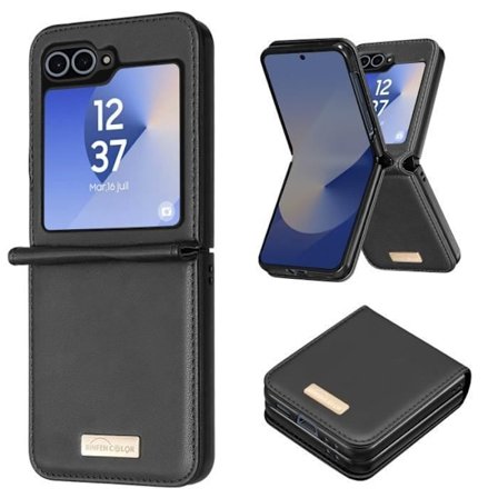 Fodral - AVIZAR - Samsung Galaxy Z Flip 6 - Vegansk läderbaksida - Svart - Halvstyv - Tunn och lätt design