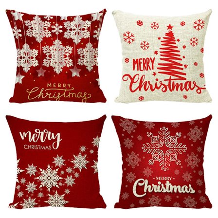 Sæt med 4 Merry Christmas snefnug dekorerede pudebetræk hyndebetræk Familie sofa firkantet