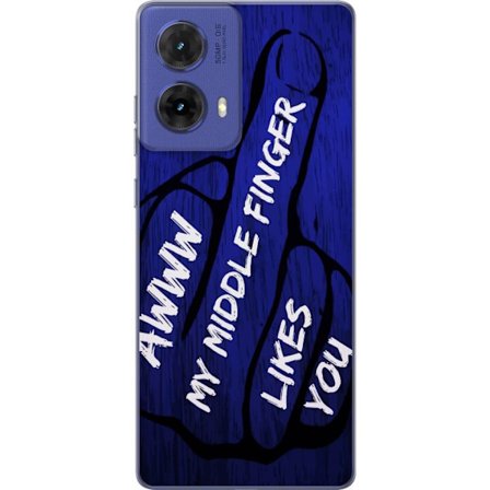 Kompatibelt Mobildeksel til Motorola Moto G85 Mørk typografisk illustrasjon med hjerteform og budskap om vennskap mot dyp blå tretekstur