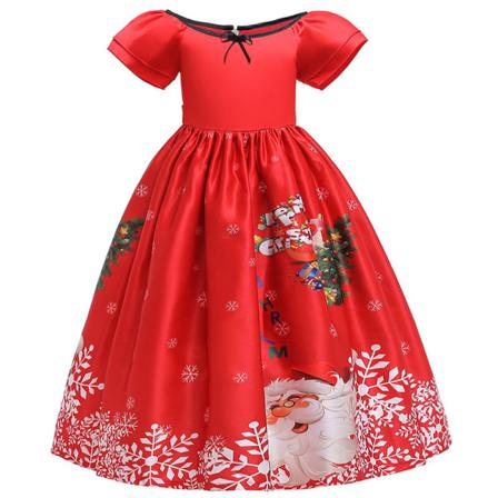 Toddler Santa Print Crew Neck Party Dress Kortärmade Klänningar