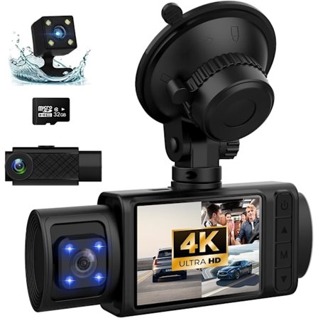Dashkamera, 3-kanals dashkamera, 4K+1080P dashkamera fram och inuti, trippel dashkamera för bil, dashkamera med 32 GB-kort, 2160P Full UHD, G-sensor, 