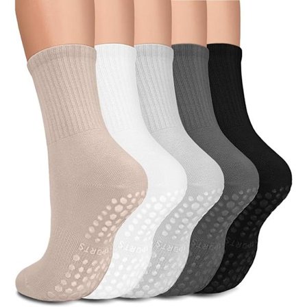 ING Yoga Sokker til Kvinder, 5 Par, Rene Bomulds Pilates Sokker, Skridsikre Yoga Sokker, Gulvsokker, Khaki*Hvid*Grå*Lysegrå*Sort