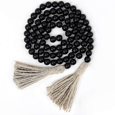 58 tuuman puinen helminauha tupsuilla, maalaistalon helmiä rustiikkinen maalaistyylinen rukous boho-helmiä seinävaatekoriste (musta)