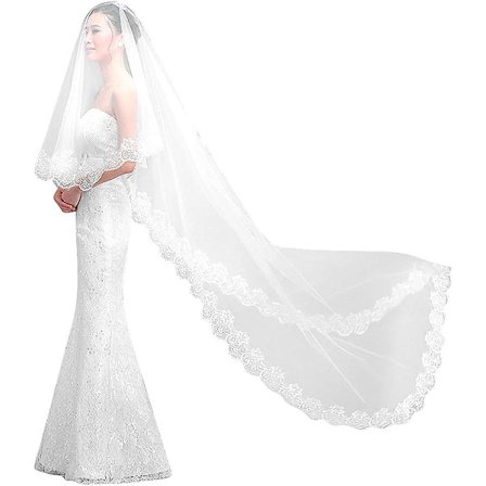 Bröllopslöja med spetskanter Våg Bröllopslöja 5 meter lång Elegant Vacker Vit Brudslöja Wed