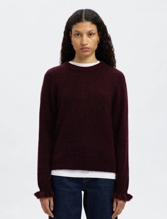 Selected Slflulu Ls Knit Frill Cuff O-Neck Noos - Burgundy - XL