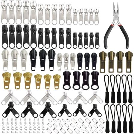 Ersättningsblixtlåssats med blixtlåsstång och förlängningspullers för kläder, jackor, ryggsäckar (silver och svart)