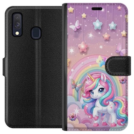 Kompatibel Tegnebogsetui til Samsung Galaxy A40 Magisk enhjørning med regnbue manke, stjerner og sommerfugle mod en pastelfarvet himmel med skyer