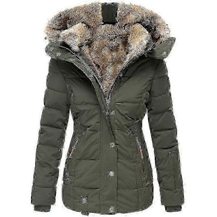Varm vinterjakke for kvinner med pelskrage, glidelås, smal passform, lange ermer og hette