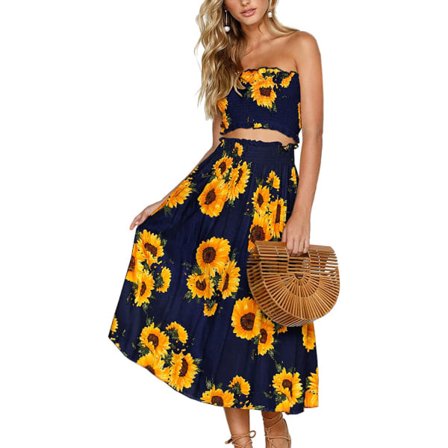 Todelt trykt solsikke kjole, enkel og trendy, størrelse L