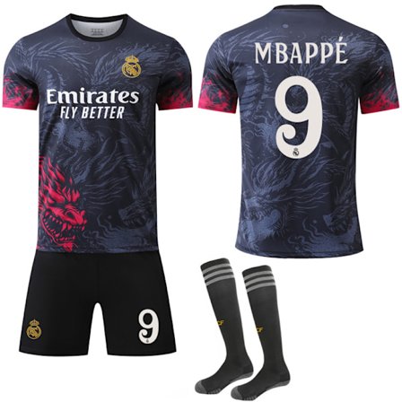 24-25 Real Madrid Dragon Pattern Special Edition Svart Rød Drakt NR.9 MBAPPE Trøyer Barn Voksen Fotballutstyr med Sokker