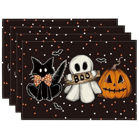 Polka Dot Spøgelse Græskar Kat Halloween Dækkeservietter Sæt med 4, 30x45 cm Sæsonbestemte Efterårs Bordmåtter til Fest Køkken Spisestue Dekoration