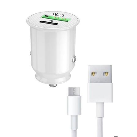 Tupakansytyttimen autolaturi Samsung Galaxy A06:lle USB-USB Type C Pikalataus 30W PD & QC 3.0 - 2 porttia + 1 kaapeli Vit