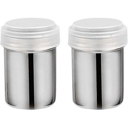 Sett med 2 pulverstrøere i rustfritt stål med nettinglokk og gjennomskinnelig plastlokk til bakverk