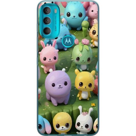 Kompatibel Mobilcover til Motorola Moto G71 5G Kawaii dyre pastelmotiv - søde figurer på en grøn eng, farverig og legesyg design til børn og unge voks