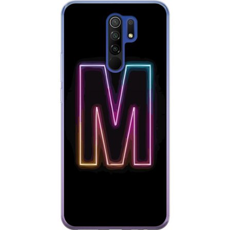 Yhteensopiva Puhelinkuori Xiaomi Xiaomi Redmi 9 Neonkirjain M värinvaihtuva valotehoste mustaa taustaa vasten, moderni minimalistinen typografia vahv