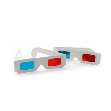 3D-paperilasit elokuviin, elokuvalasit, 3D-lasit punaisella ja syaanilla linssillä, valkoiset kehykset, anaglyfiset lasit pahvista elokuviin, taitettu