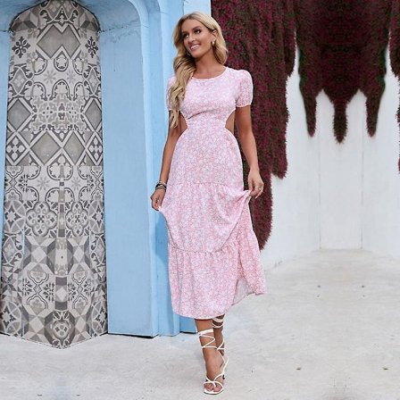 Naisten kesäinen kukkakuvioinen seksikäs sifonkinen selästä avoin isohelmainen rantamekko S-XL