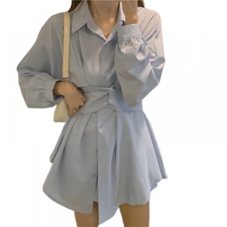 Kvinnors söta randiga bälte knapp upp krage sommar kort skjorta klänning (blå)