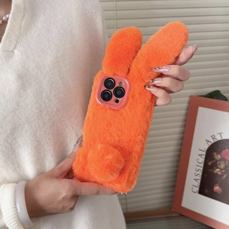 Mobilskal: Orange Plysch 3D Långa Öron Kanin Ram Ställ Mobilskal, Passar Apple 17 Pro Max/17 Pro/17 Air/17/16 Pro Max/16 Pro/16 Plus/16/15......