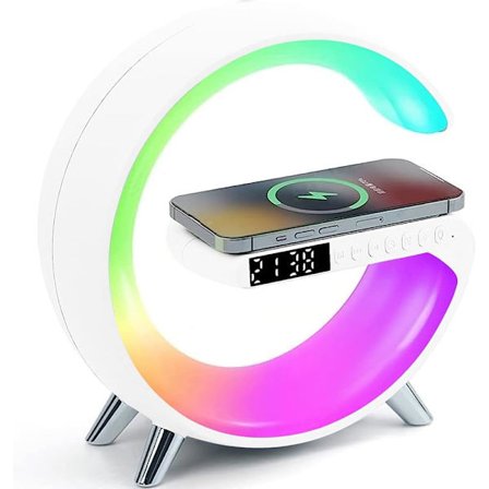 4-i-1 Vit Trådlös Laddare Nattlampa | Bluetooth Högtalare Väckarklocka | 15W Snabbladdning för iPhone Samsung Qi Telefoner