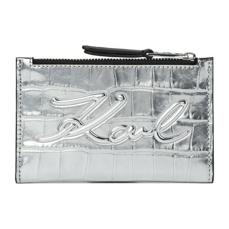 Karl Lagerfeld, Signature Croc Folded Zip Card Holder Szary, Kobieta, Rozmiar: ONE Size