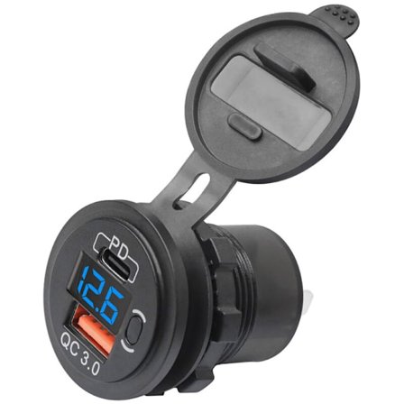 12V-24V 48W USB-pistorasia vedenpitävä laturi PD-pistorasia ja QC3.0 USB-portti jännite LED:llä autoon, kuorma-autoon, golfkärryyn, sininen
