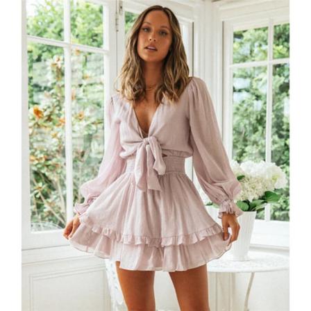 Elegant Pendlande V-ringad Klänning Sexig Söt Enfärgad Volang Av