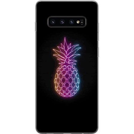 Kompatibelt Mobilskal till Samsung Samsung Galaxy S10 Neonillustration av ananas i färgglatt ljus mot svart bakgrund