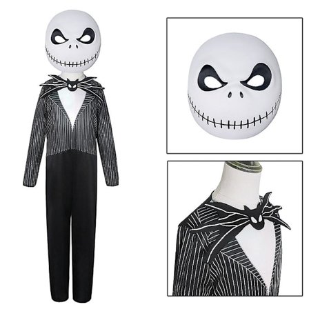 Kids Jack Skellington Cosplay Jumpsuit Fancy Dress Party Stage Halloween Performance Show Costume -a