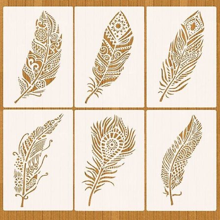 6 stk Mandala fjær sjablonger for maling på tre (26x17,8 cm)