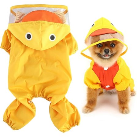 Söt Anka Regnrock för Små Hundar med Huva Koppel D-ring Valp Knapp Ner Regnjacka, Gul XL