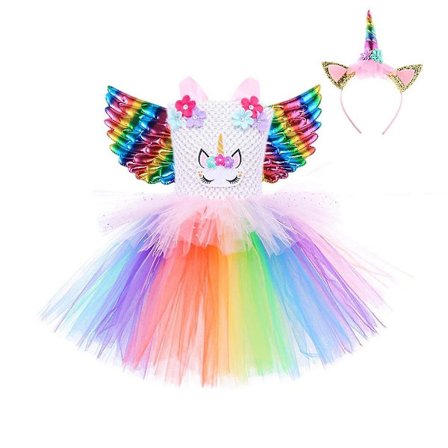 Enhjørning Prinsesse Blomsterpike Tutu Kjole Regnbue Kostyme Med Hårbøyle