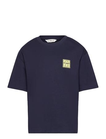 Printed Cotton-Blend T-Shirt T-shirts Short-sleeved Marineblå Mango*Betinget Tilbud