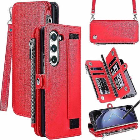 Kompatibelt med Samsung Galaxy Z Fold 5 Plånboksfodral, Z Fold 5 Fodral med S Pen-hållare med Rem & Dragkedja Magnetisk Flip Läderfodral - Perfekt
