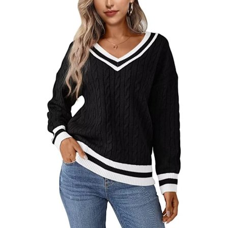 Dame kabelstrikket V-hals genser casual langærmet pullover løs off shoulder jumper topp, myk, komfortabel og hudvennlig.