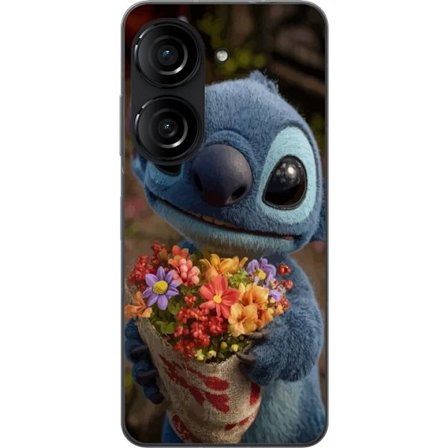 Kompatibel Mobilcover til Asus Asus Zenfone 10 Sød blå figur med store øjne, der holder en farverig buket i en varm og kær stil