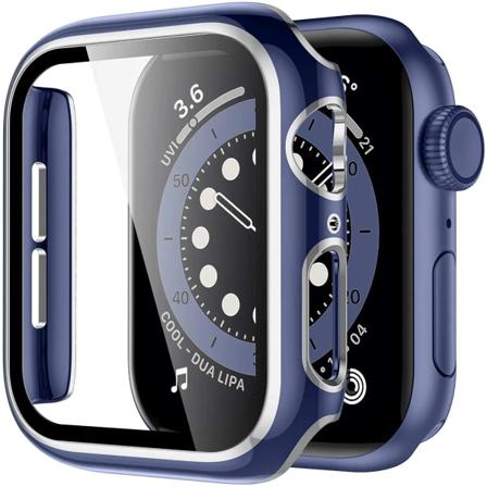 Cover För Apple Watch Case 45mm 41mm 44mm 40mm 42mm 38mm Skärmskydd PC Bumper Härdat glas iWatch series 8 7 SE 6 5 4 9 blue silver 44mm series 654SE