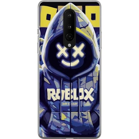 Kompatibel Mobilcover til OnePlus OnePlus 8 Blågul Roblox hættetrøje-figur med minimalistisk neonstil og mesh-ansigt, moderne spilillustration til