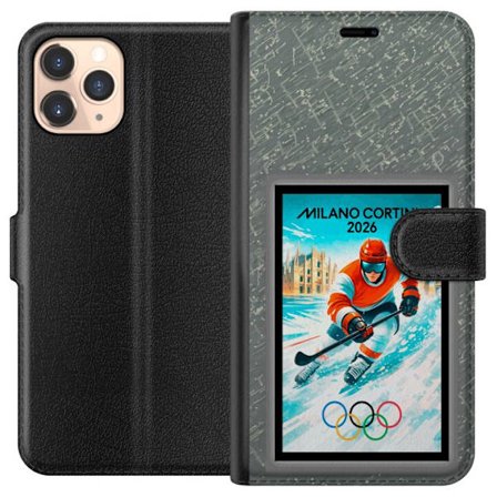 Kompatibel Tegnebogsetui til Apple iPhone 11 Pro Curling illustration med spillere og sten på isen, Milano Cortina 2026, snedækkede stænk og olympi