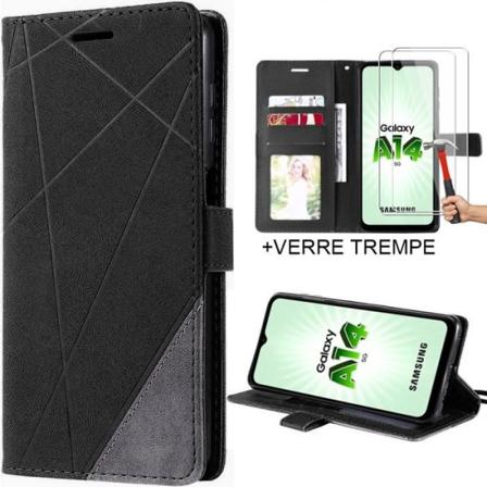 Flip Case Cover för Samsung Galaxy A14 4G/5G effekt svart läder + 2 härdade glasögon