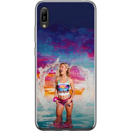 Kompatibelt Mobildeksel til Huawei Y6 Pro (2019) Blond kvinne i fargerik strandantrekk som leker i havet ved solnedgang