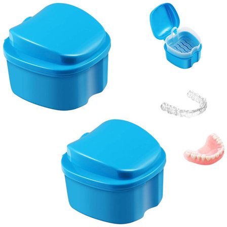2-pakning proteseetui, protesekopp med filter - protesebløtleggingskopp med filter (blå)