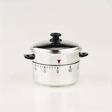 En mekanisk kjøkkenklokke, en påminnelsestimer, en potteformet mekanisk timer med roterende vekkerklokke, for 60-minutters matlaging.