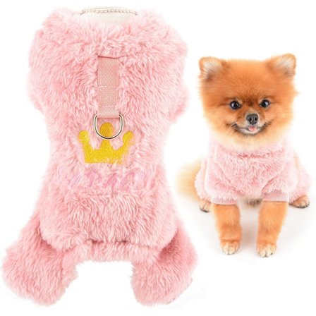 Hundepyjamas for små hunder, kjæledyrspulloverpyjamas med brodert krone og D-ring, myk vinter- og høstdress Pink