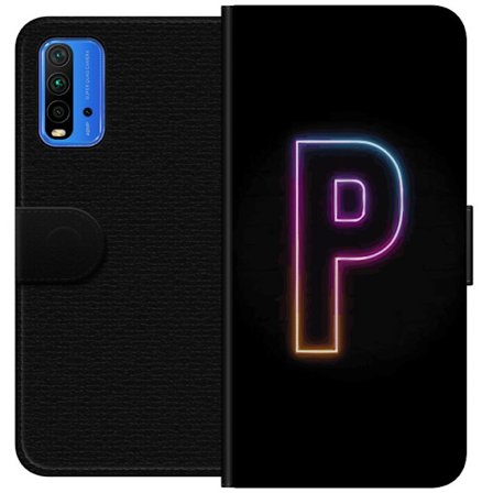 Kompatibel Tegnebogsetui til Xiaomi Xiaomi Redmi Note 9 4G Minimalistisk neonbogstav P i farvegradient og lyseffekt mod sort baggrund i digital neonst