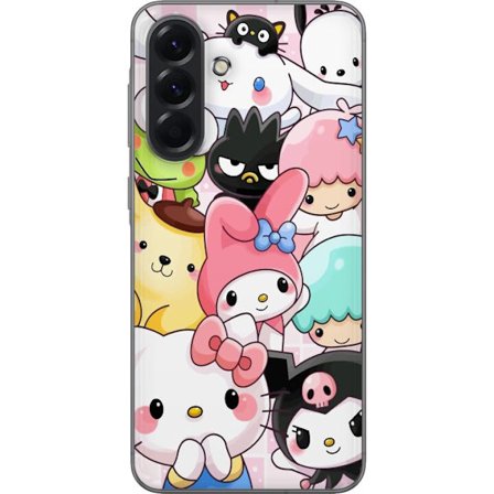 Kompatibel Mobilcover til Samsung Galaxy A56 Tæt mønster af søde figurer med store øjne i forskellige farver og udtryk med LABUBU-tekst