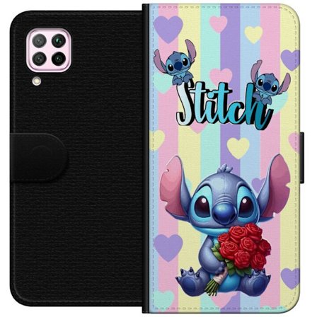 Kompatibelt Lommeboketui til Huawei P40 lite Romantisk illustrasjon av Stitch som holder røde roser mot stripet bakgrunn